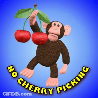 A Monkey Holding Two Cherries With The Words " No Cherry Picking " On The Bottom GIF