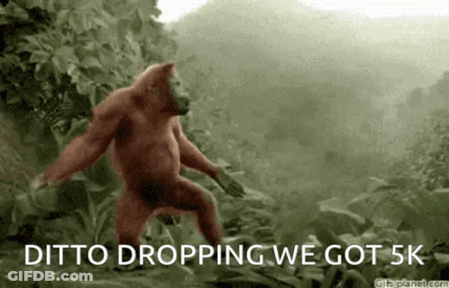 A Monkey Is Dancing In The Jungle With The Words " Ditto Dropping We Got 5K " Below It GIF