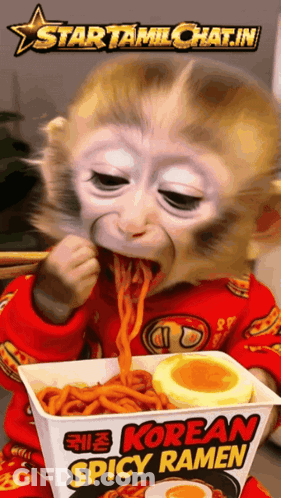 A Monkey Is Eating Korean Spicy Ramen With An Egg In It GIF