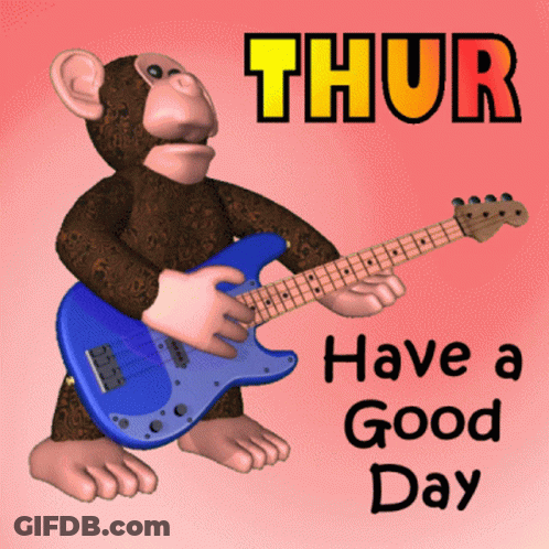 A Monkey Is Holding A Blue Guitar With The Words Have A Good Day Below It GIF