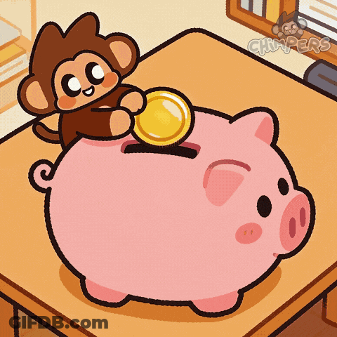 A Monkey Is Putting A Gold Coin Into A Piggy Bank GIF