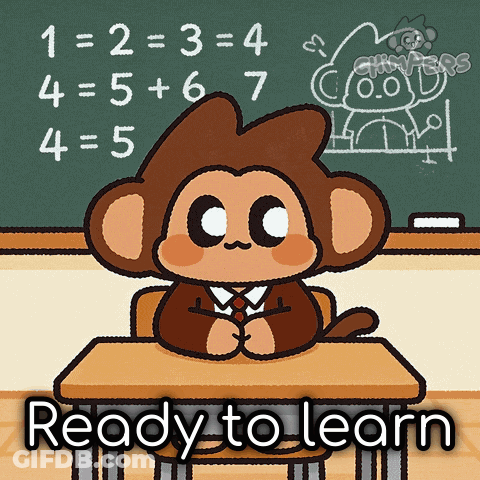 A Monkey Is Sitting At A Desk In Front Of A Blackboard With The Words Ready To Learn GIF
