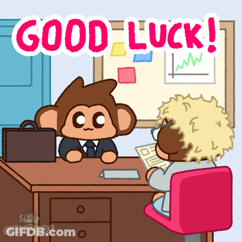 A Monkey Is Sitting At A Desk Talking To Another Monkey With The Words Good Luck Written Above Them GIF