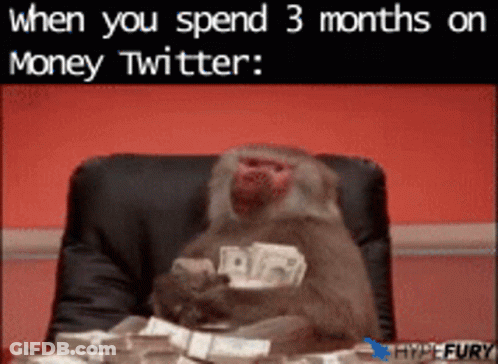 A Monkey Is Sitting In A Chair Holding A Pile Of Money With The Caption " When You Spend 3 Months On Money Twitter " GIF