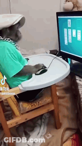 A Monkey Is Sitting In A High Chair Playing A Game On A Computer Screen . GIF