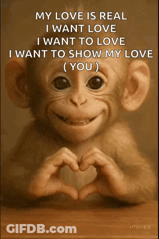 A Monkey Is Smiling And Making A Heart Shape With Its Hands . GIF