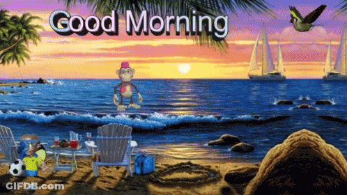 A Monkey Is Standing On A Beach With The Words Good Morning Above Him GIF