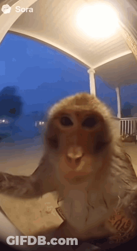 A Monkey Is Standing On A Porch And Looking At The Camera With Sora Written On The Bottom GIF