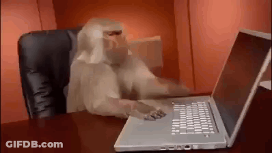 A Monkey Is Typing On A Laptop Computer While Sitting In A Chair . GIF