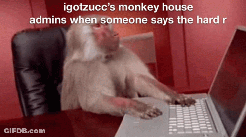 A Monkey Is Typing On A Laptop With A Caption That Says ' Igotzucci 'S Monkey House Admins GIF