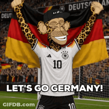 A Monkey Mascot Holding A German Flag With The Words Let 'S Go Germany Below Him GIF