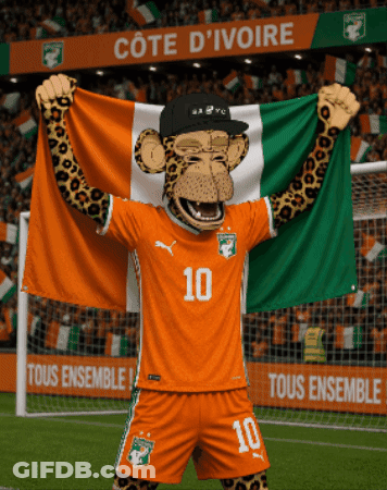A Monkey Mascot Is Holding A Flag In Front Of A Sign That Says Cote D' Ivoire GIF
