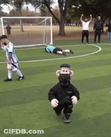 A Monkey Mascot Is Running On A Soccer Field In Front Of A Goalie GIF