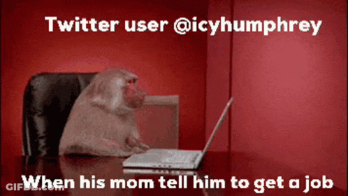 A Monkey Sits At A Desk In Front Of A Laptop With The Twitter User @Icyhumphrey GIF