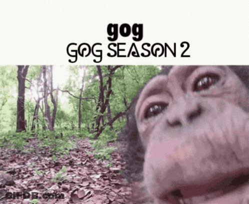 A Monkey Taking A Selfie In The Woods With The Words Gog Season 2 Above It GIF