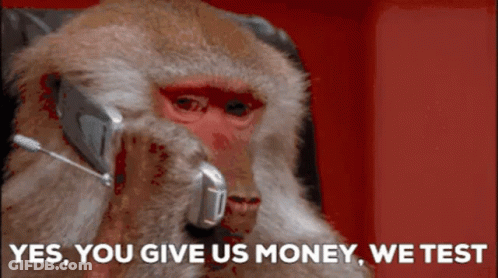 A Monkey Talking On A Cell Phone With The Words Yes You Give Us Money We Test GIF