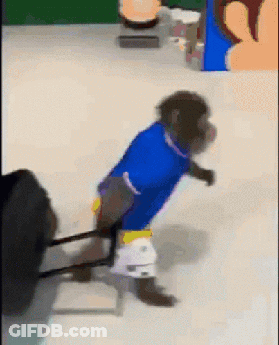 A Monkey Wearing A Blue Shirt Is Pulling A Wheelchair GIF