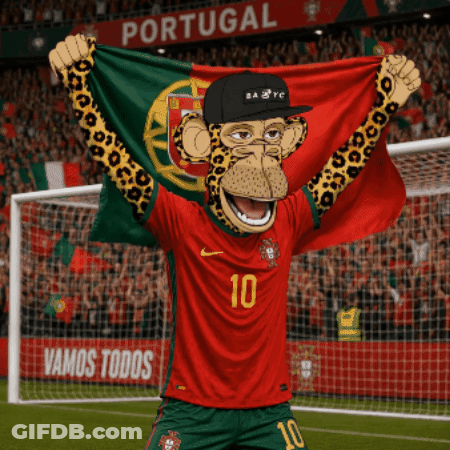A Monkey Wearing A Portugal Jersey Holds A Flag In Front Of A Crowd GIF