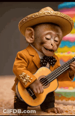 A Monkey Wearing A Sombrero And A Suit Is Playing A Guitar GIF