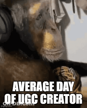 A Monkey Wearing Headphones With The Words `` Average Day Of Ugg Creator '' Written On It GIF