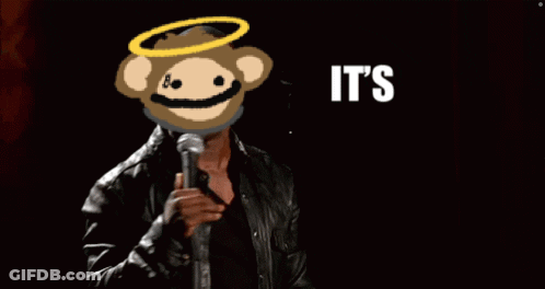 A Monkey With A Halo On His Head Is Holding A Microphone With The Words It 'S About To Go Down Below Him GIF