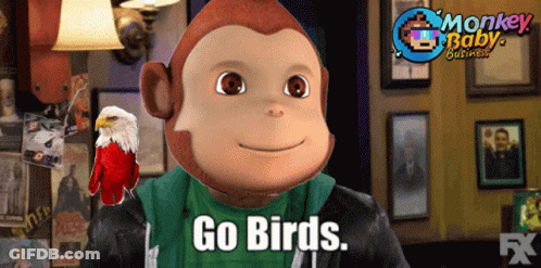 A Monkey With A Parrot On His Shoulder And The Words Go Birds GIF