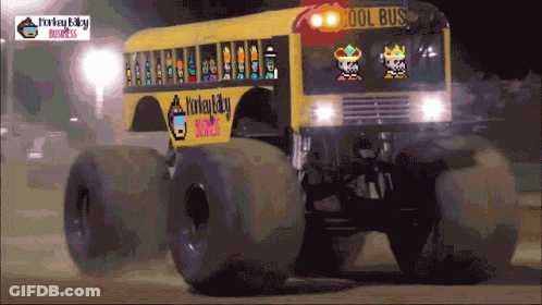 A Monster Bus That Says Cool Bus On The Front Of It GIF
