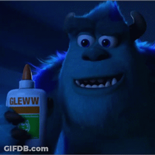 A Monster Holding A Bottle Of Glue With The Word Gleww On It GIF