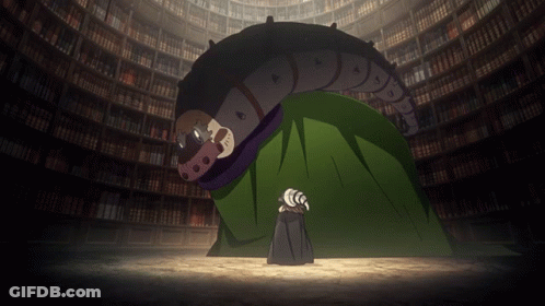 A Monster In A Green Cape Is Standing In Front Of A Library Full Of Books GIF