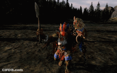 A Monster In A Video Game Holding A Spear GIF
