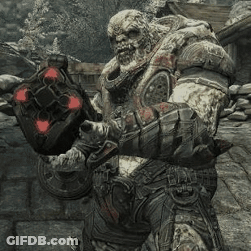 A Monster In A Video Game Is Holding A Gun In His Hands . GIF