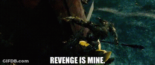 A Monster Is Standing In The Water With The Words `` Revenge Is Mine '' Written Above It . GIF