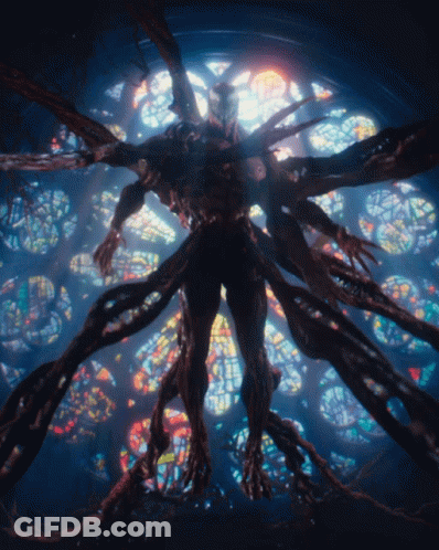 A Monster Is Surrounded By Stained Glass Windows In A Church GIF