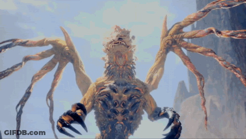 A Monster With A Lot Of Arms And Claws Stands In Front Of A Mountain GIF