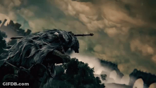 A Monster With A Sword In Its Mouth Is Standing On Top Of A Mountain . GIF