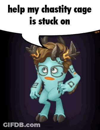 A Monster With Horns And A Speech Bubble That Says " Help My Chastity Cage Is Stuck On " GIF