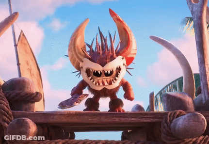 A Monster With Horns And Sharp Teeth Is Standing On A Wooden Bridge GIF