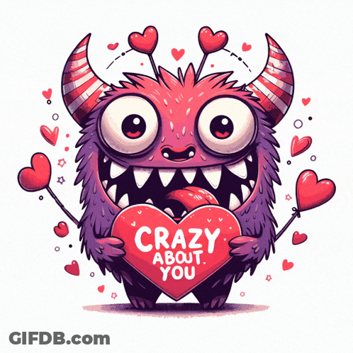 A Monster With Horns Is Holding A Red Heart That Says Crazy About You GIF