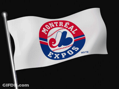 A Montreal Expos Flag Is Waving In The Wind On A Black Background GIF