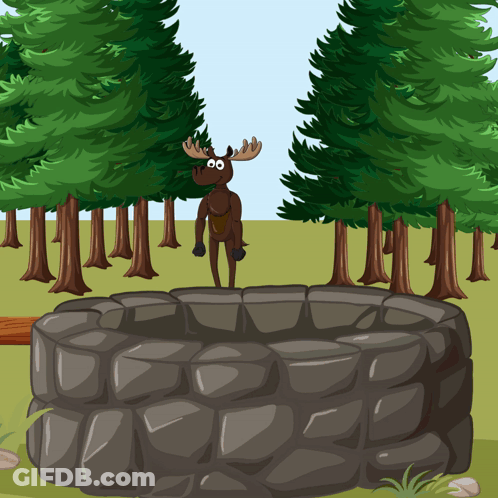 A Moose Is Standing On Top Of A Stone Well GIF