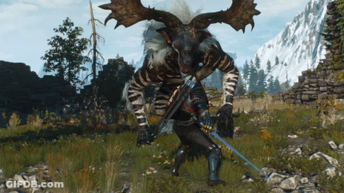 A Moose With Horns Is Standing In A Field With A Sword GIF