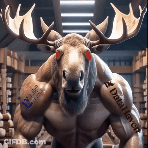 A Moose With Red Eyes And A Datahaven Logo On Its Arm GIF
