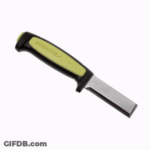 A Moraknil Knife With A Black Handle And A Yellow Grip GIF