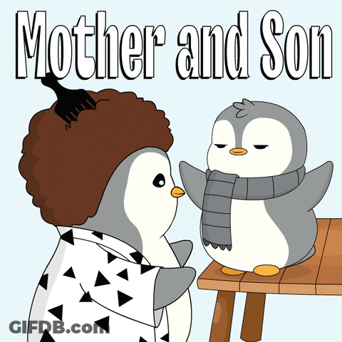 A Mother And Son Penguin With A Scarf On GIF
