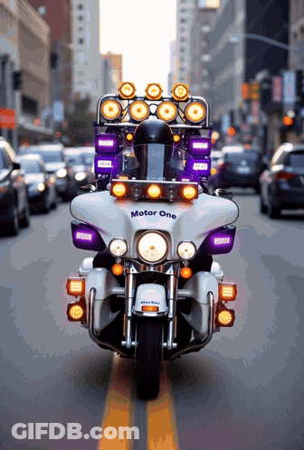 A Motor One Motorcycle Is Driving Down A Busy City Street GIF