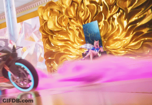 A Motorcycle Is Driving Past A Woman Sitting On A Pink Surface GIF