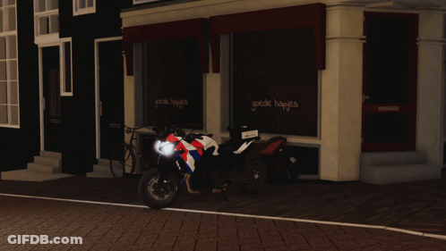 A Motorcycle Is Parked In Front Of A Store That Says " Goede Hapjes " GIF