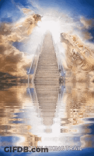 A Mountain Biking Trail Poster With A Staircase Leading Up To Heaven GIF