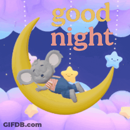 A Mouse Is Sleeping On A Crescent Moon With The Words " Good Night " Below It GIF