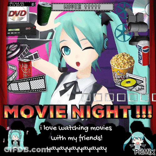 A Movie Night Poster With A Girl Holding A Can Of Soda And Popcorn GIF